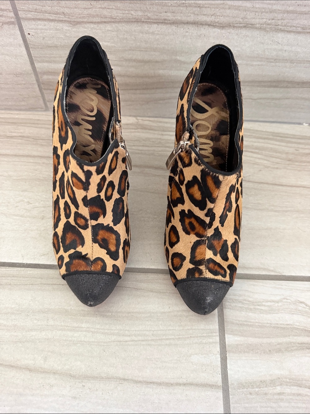 Sam Edelman Leopard-Print Ankle Booties with Black Cap Toe